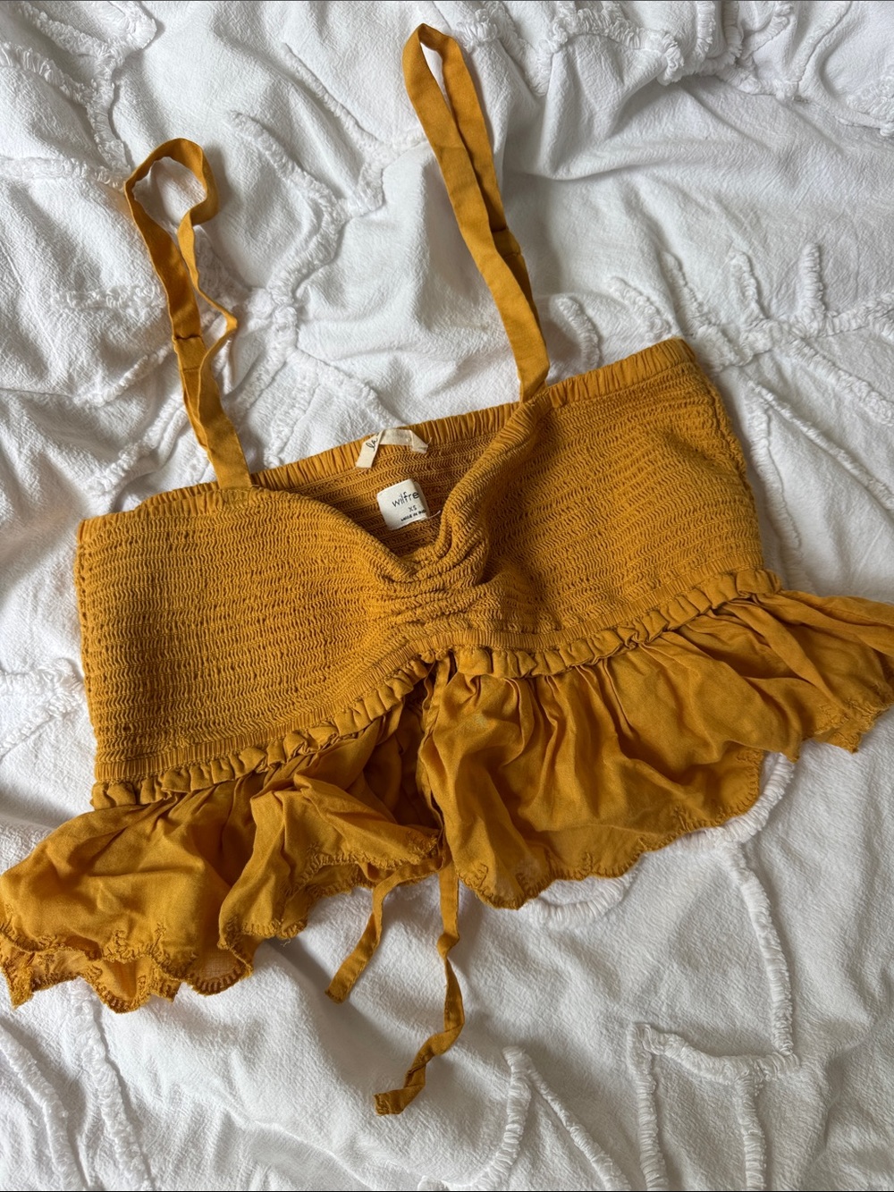 Wifey Smocked Ruffle Crop Cami in Mustard